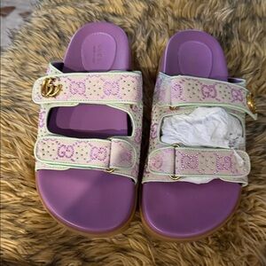 Knockoffs Gucci Lavender Footbed Pink Monogram Double-Strap Slides